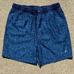 -Nautica Board Shorts Navy Blue w/ Green Hawaiian Men's Swim Size Medium